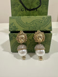 Gucci Lion Head Crystal & Faux Pearl Drop Earrings
