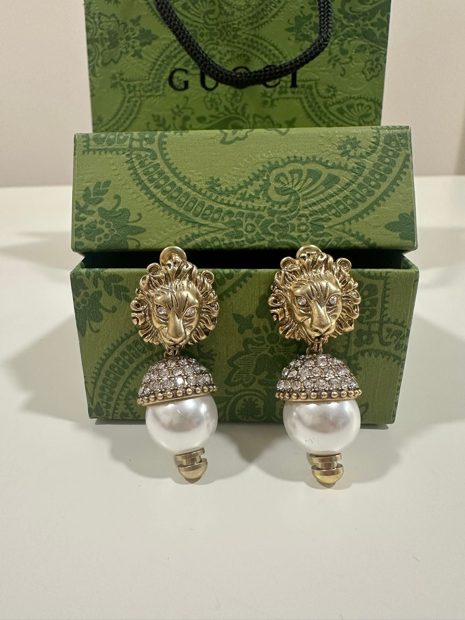 Gucci Lion Head Crystal & Faux Pearl Drop Earrings
