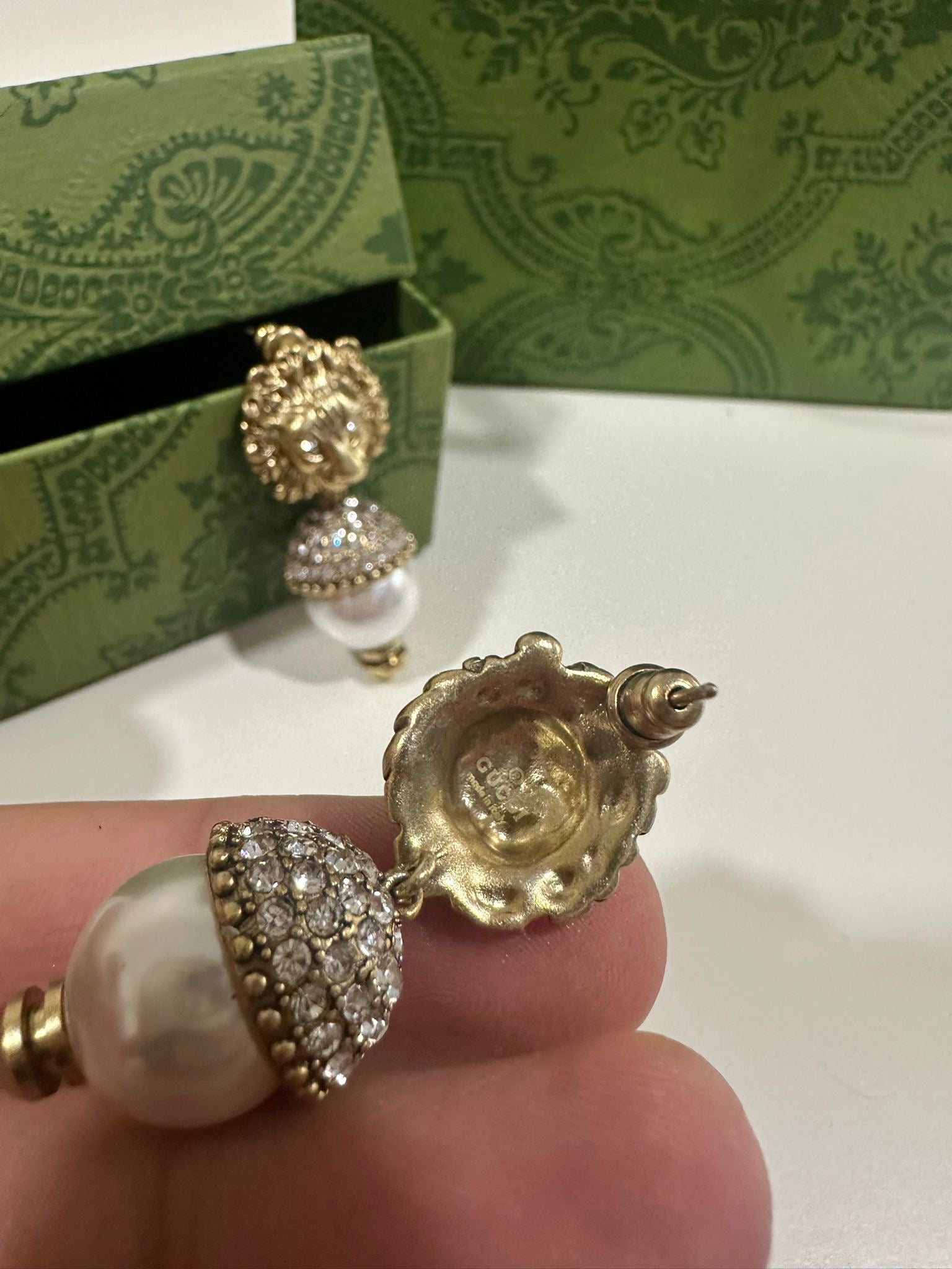 Gucci Lion Head Crystal & Faux Pearl Drop Earrings