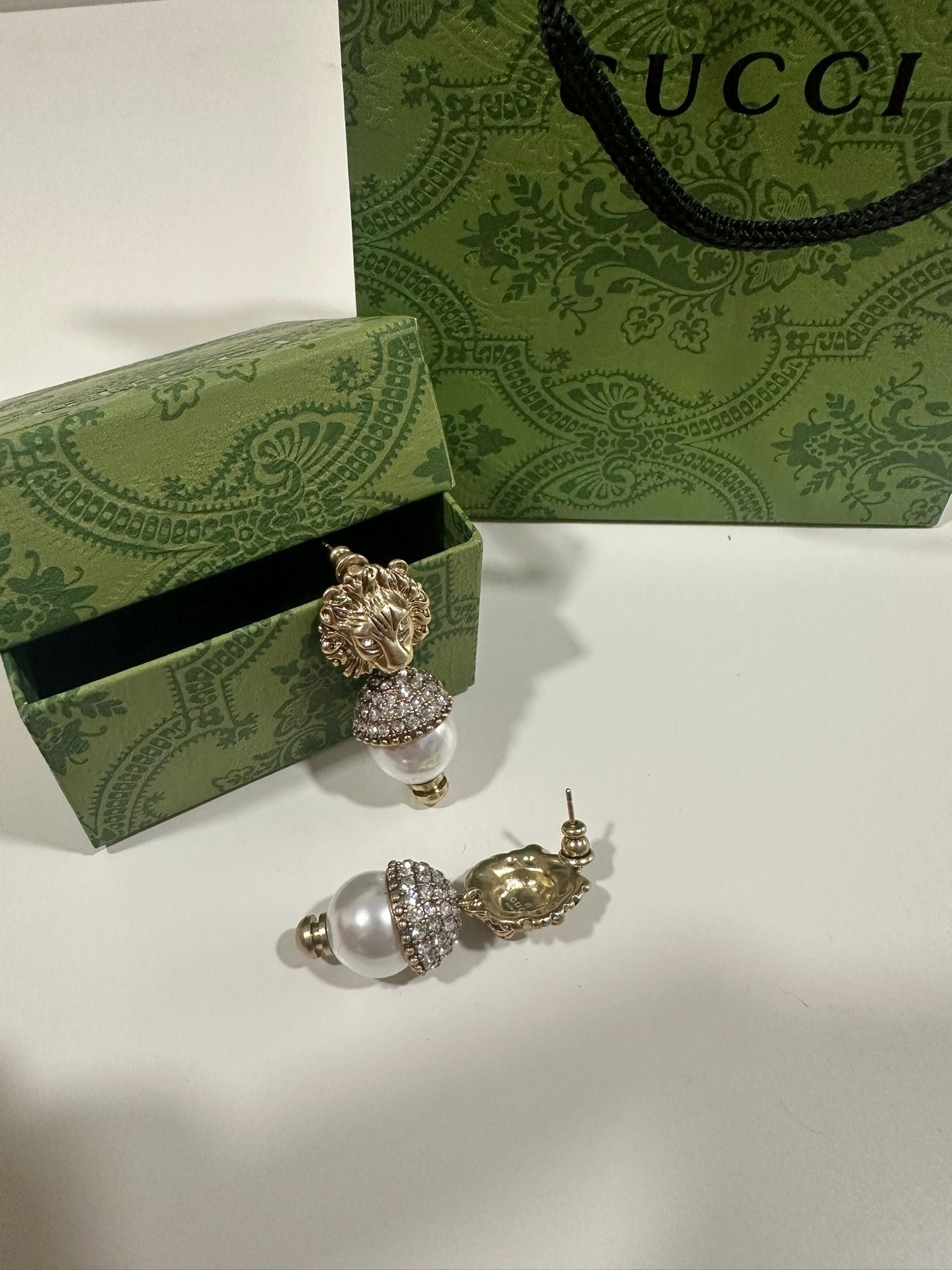 Gucci Lion Head Crystal & Faux Pearl Drop Earrings