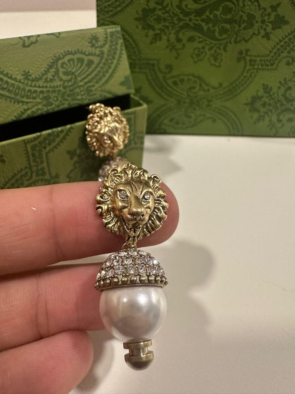 Gucci Lion Head Crystal & Faux Pearl Drop Earrings