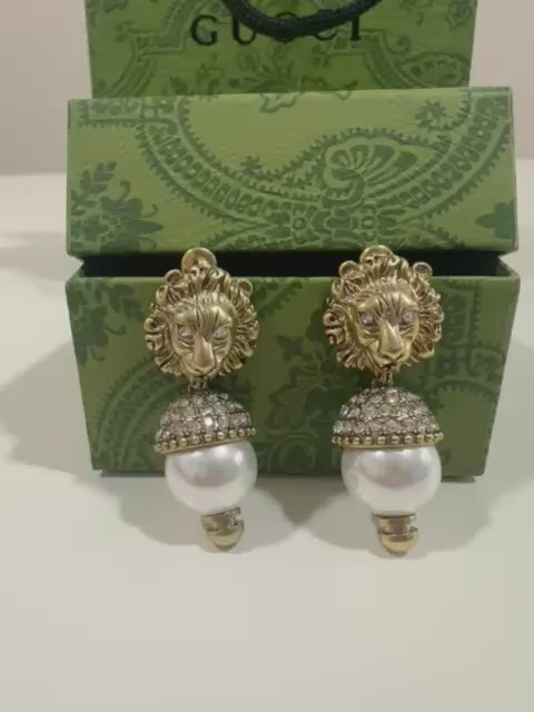 Gucci Lion Head Crystal & Faux Pearl Drop Earrings
